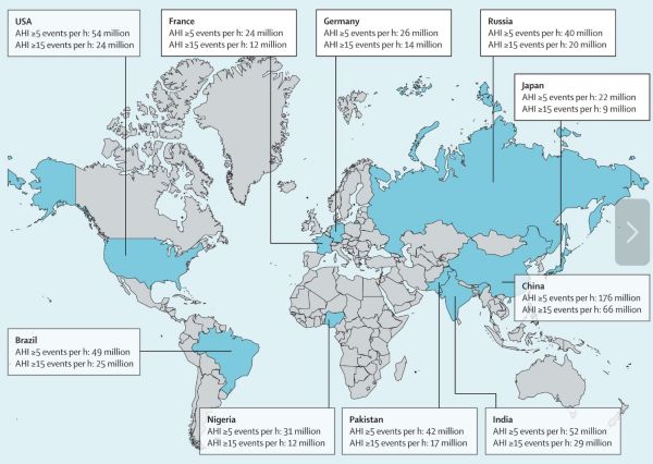 世界の閉塞性睡眠時無呼吸の患者さんの推定患者数図